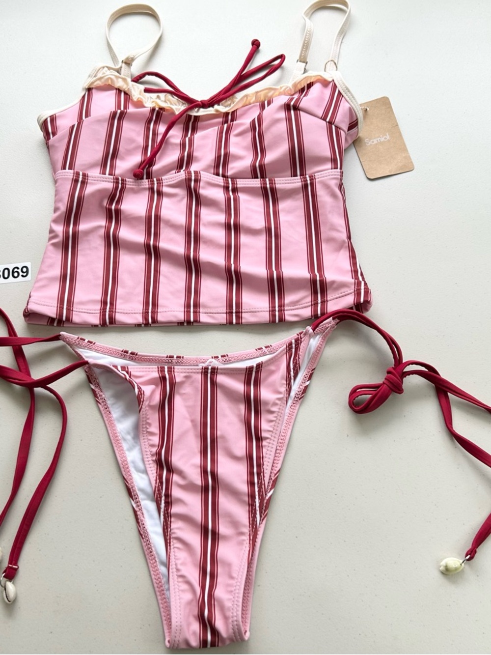 Samiol Pink Printed Striped Ruffle Tankini Bikini Set Spaghetti Strap Small